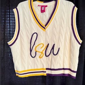 Cream Cable Knit Sleeveless V-Neck Sweater Vest with Purple & Yellow Trim